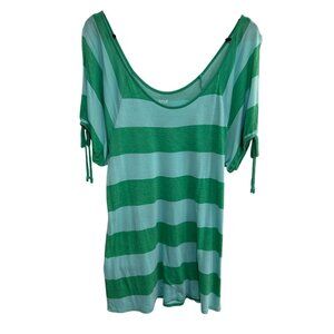A.N.A Womens Green Blue Striped Tunic Top Adjustable Sleeves Size Large